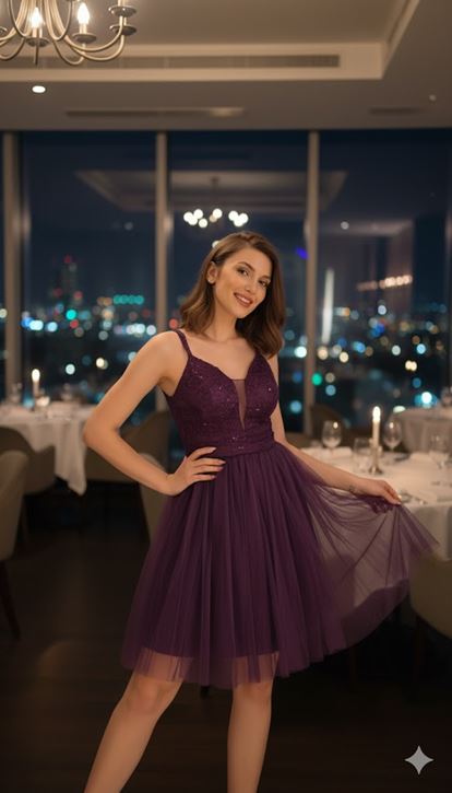 Purple Straped Mini Tulle Evening Dress