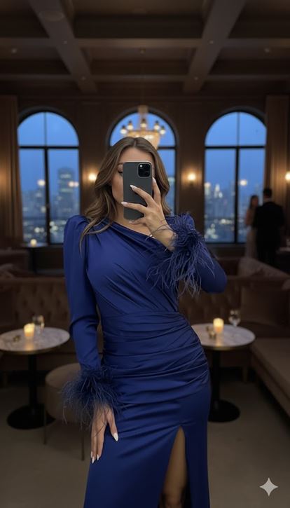 Lacivert Kolları Tüylü Saten Abiye Elbise