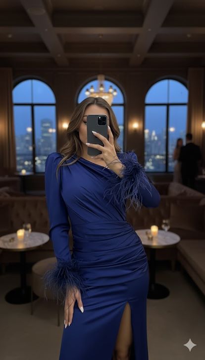 Lacivert Kolları Tüylü Saten Abiye Elbise