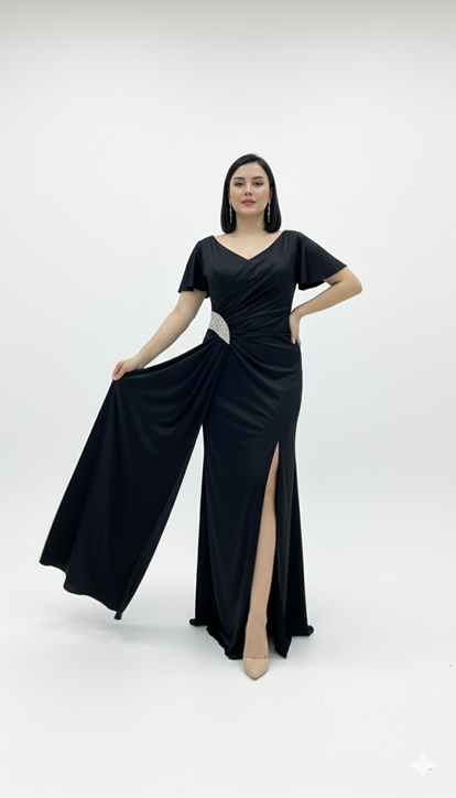 Black Waist Detail Satin Plus Size Evening Dress