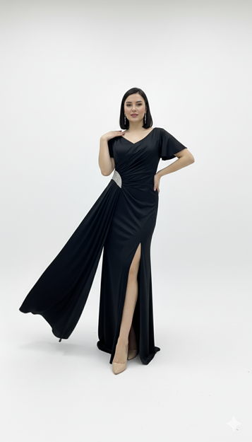 Black Waist Detail Satin Plus Size Evening Dress