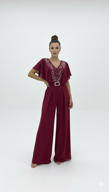Burgundy Embroidered Evening Jumpsuit