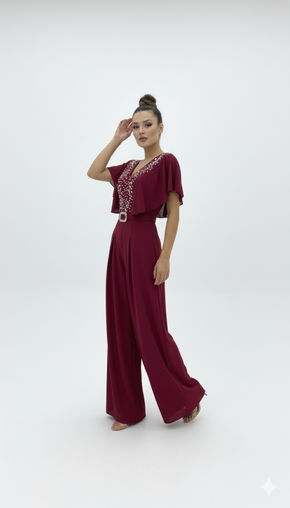 Burgundy Embroidered Evening Jumpsuit