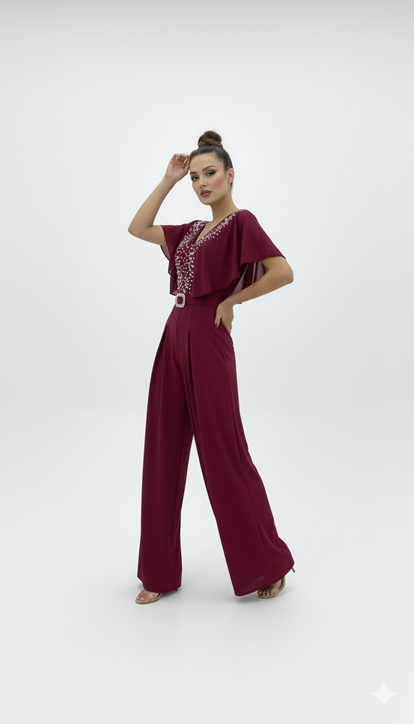 Burgundy Embroidered Evening Jumpsuit