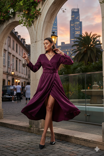 Purple Belted Evening Dress