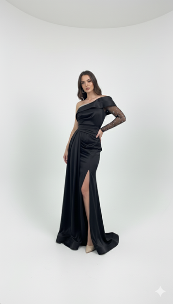 Black One-Sleeve Satin Evening Dress