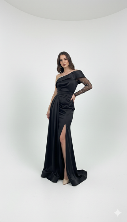 Black One-Sleeve Satin Evening Dress
