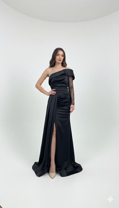 Black One-Sleeve Satin Evening Dress