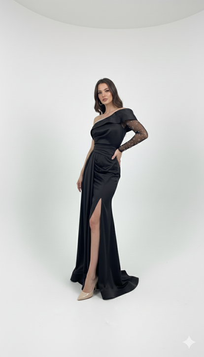 Black One-Sleeve Satin Evening Dress