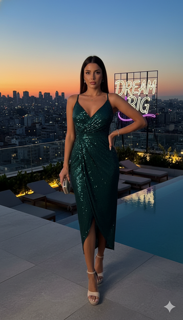 Green Sequined Midi Evening Dress with Rope Straps