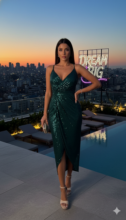 Green Sequined Midi Evening Dress with Rope Straps