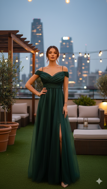 Green Boat Neck Tulle Evening Dress
