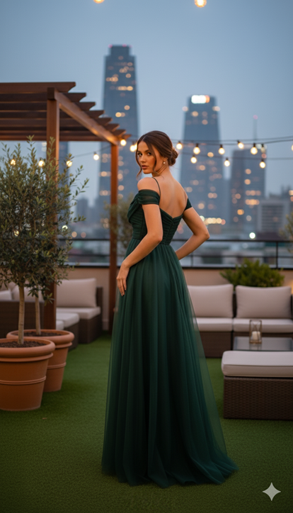 Vestido de noche de tul con cuello barco verde