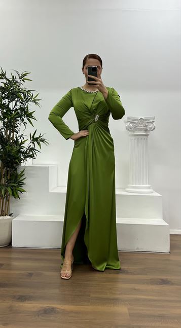 Khaki Collar Stone Detail Embroidered Satin Evening Dress