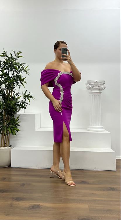 Fuşya Taş Detay Mini Büyük Beden Abiye Elbise