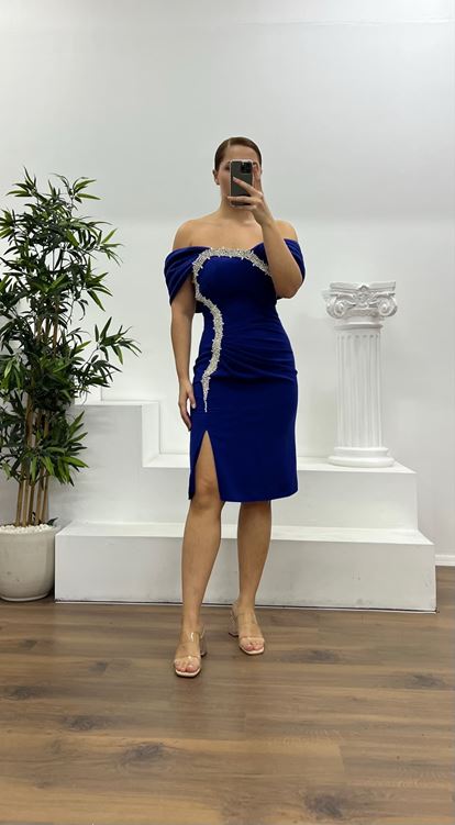 Saks Taş Detay Mini Büyük Beden Abiye Elbise