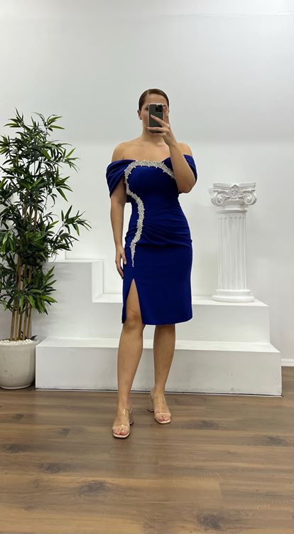 Saks Taş Detay Mini Büyük Beden Abiye Elbise