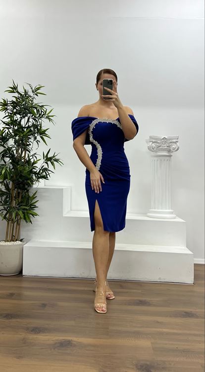 Saks Taş Detay Mini Büyük Beden Abiye Elbise