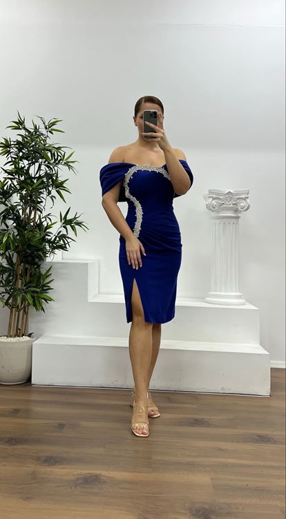 Saks Taş Detay Mini Büyük Beden Abiye Elbise