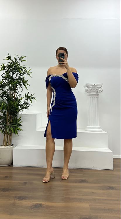 Saks Taş Detay Mini Büyük Beden Abiye Elbise