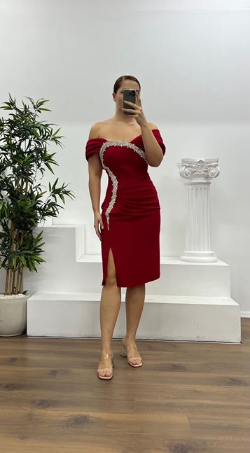 Kırmızı Taş Detay Mini Büyük Beden Abiye Elbise