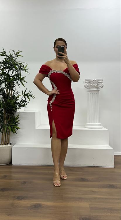 Kırmızı Taş Detay Mini Büyük Beden Abiye Elbise