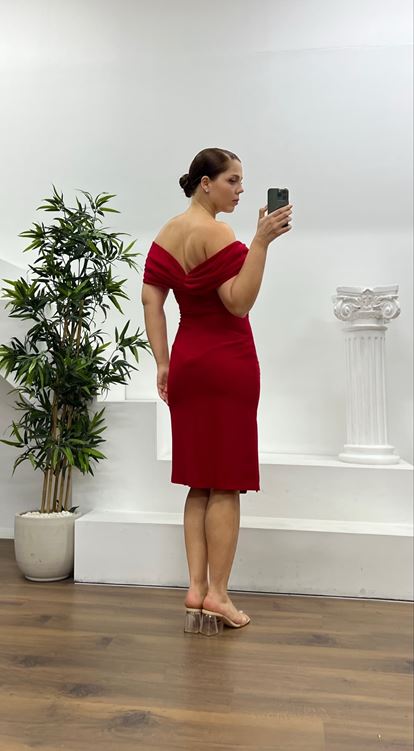 Kırmızı Taş Detay Mini Büyük Beden Abiye Elbise