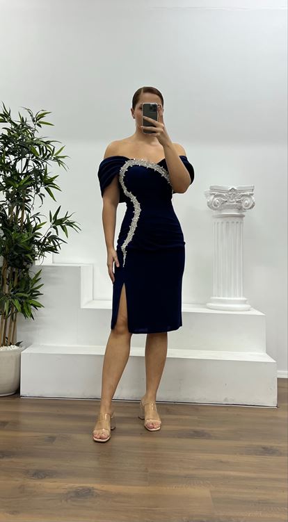 Lacivert Taş Detay Mini Büyük Beden Abiye Elbise