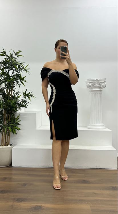 Siyah Taş Detay Mini Büyük Beden Abiye Elbise