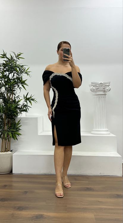 Siyah Taş Detay Mini Büyük Beden Abiye Elbise