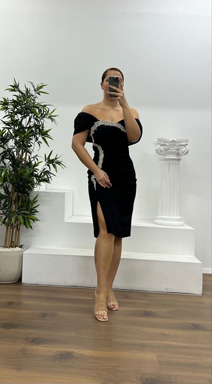 Siyah Taş Detay Mini Büyük Beden Abiye Elbise