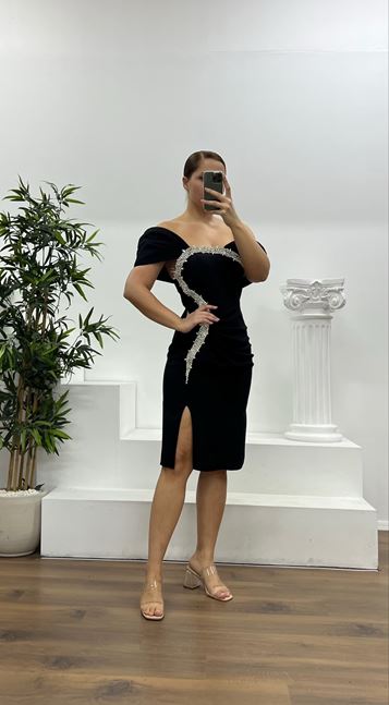 Siyah Taş Detay Mini Büyük Beden Abiye Elbise