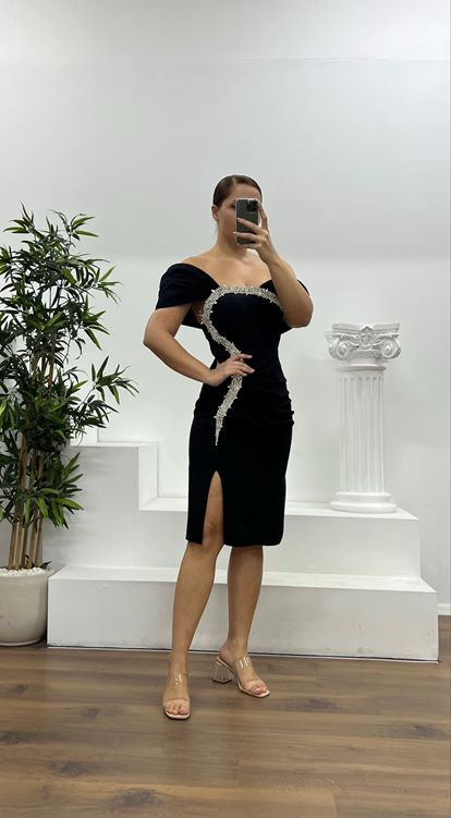 Siyah Taş Detay Mini Büyük Beden Abiye Elbise