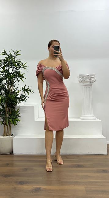 Pudra Taş Detay Mini Büyük Beden Abiye Elbise