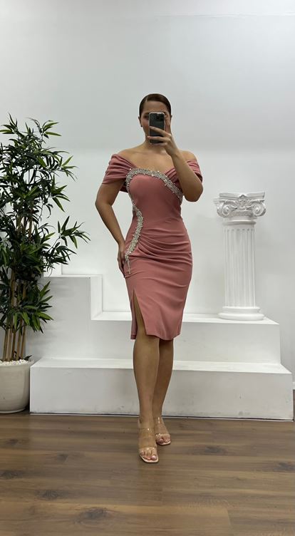 Pudra Taş Detay Mini Büyük Beden Abiye Elbise