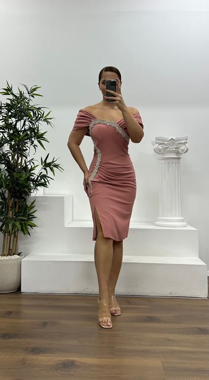 Pudra Taş Detay Mini Büyük Beden Abiye Elbise