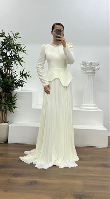 Pleated Plus Size Evening Dress with Bone Collar and Stone Detail