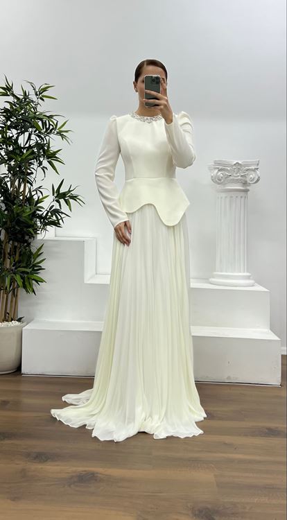 Kemik Yaka Taş Detay Piliseli Büyük Beden Abiye Elbise