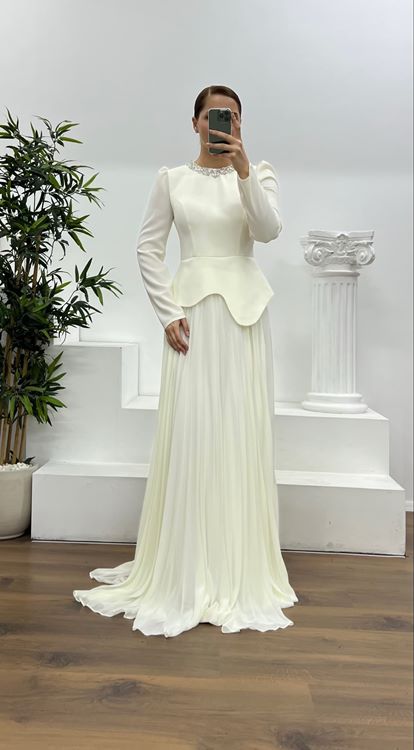 Kemik Yaka Taş Detay Piliseli Büyük Beden Abiye Elbise