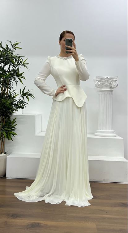 Kemik Yaka Taş Detay Piliseli Büyük Beden Abiye Elbise