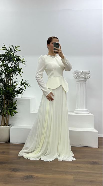 Kemik Yaka Taş Detay Piliseli Büyük Beden Abiye Elbise