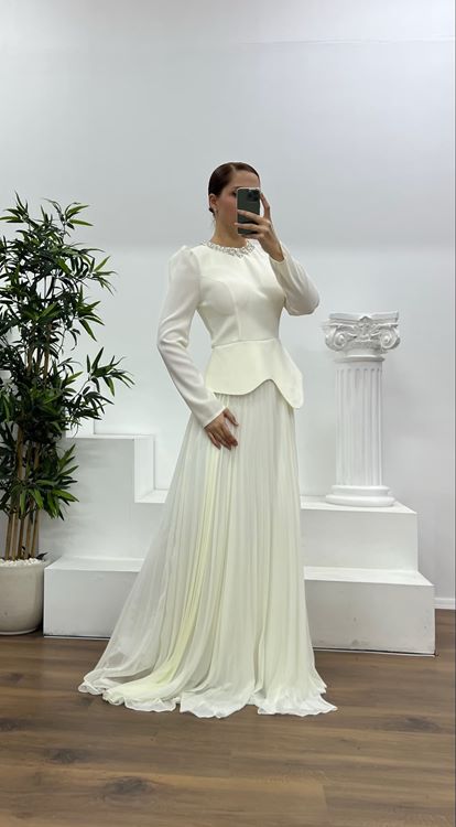 Kemik Yaka Taş Detay Piliseli Büyük Beden Abiye Elbise