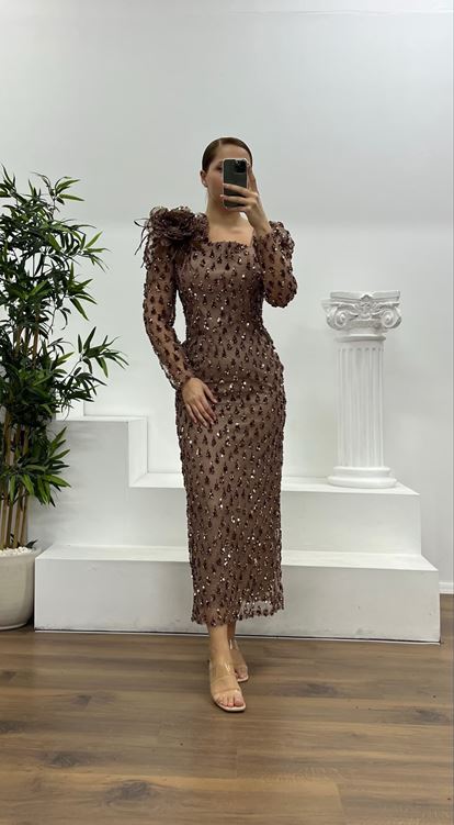 Bakır İşlemeli Büyük Beden Abiye Elbise