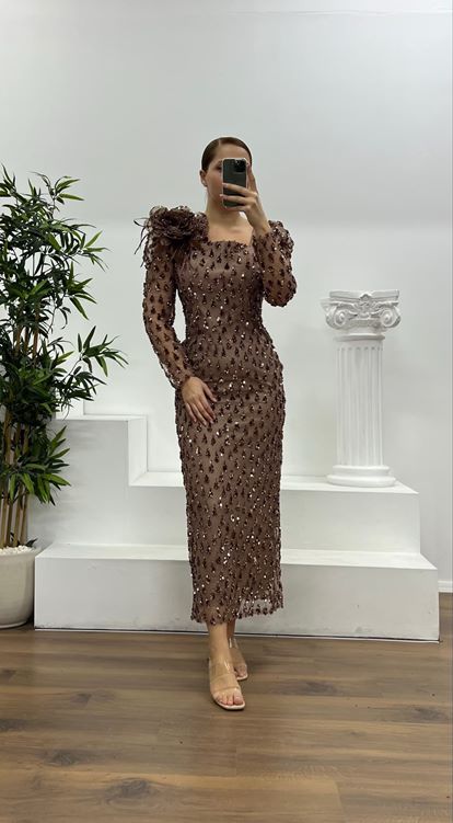 Bakır İşlemeli Büyük Beden Abiye Elbise