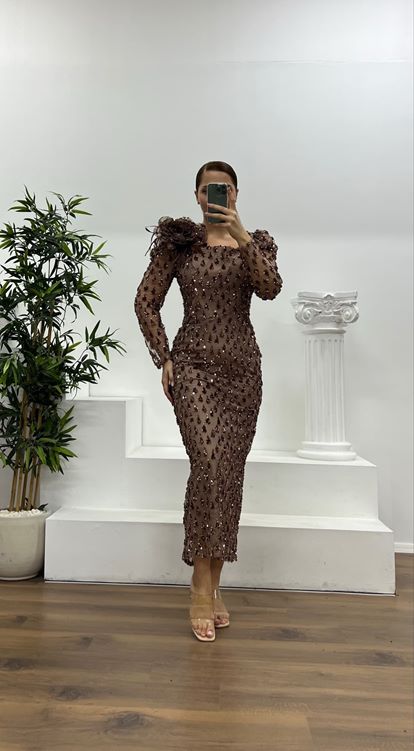 Bakır İşlemeli Büyük Beden Abiye Elbise