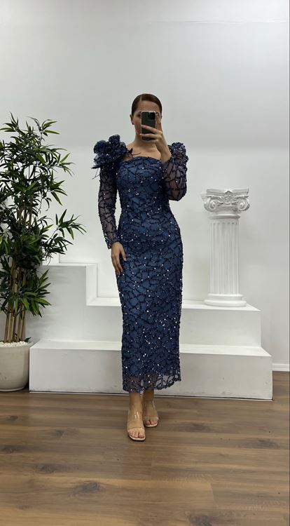 İndigo İşlemeli Büyük Beden Abiye Elbise