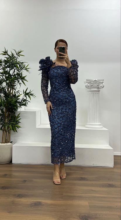 İndigo İşlemeli Büyük Beden Abiye Elbise