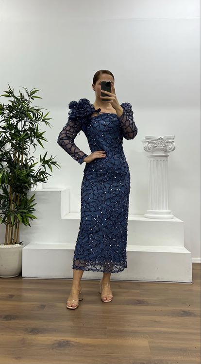 İndigo İşlemeli Büyük Beden Abiye Elbise