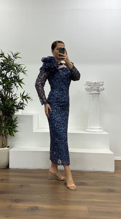 İndigo İşlemeli Büyük Beden Abiye Elbise