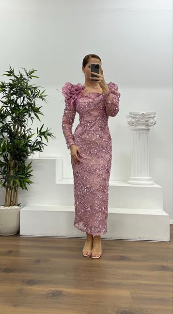 Pudra İşlemeli Büyük Beden Abiye Elbise